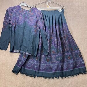 Vintage Paisley Print Blouse Skirt Set Teal Purple Bohemian Boho Fringe